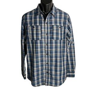 Dravus Button Up Roll Tab Sleeves Shirt M Blue Plaid Chest Pockets Collared
